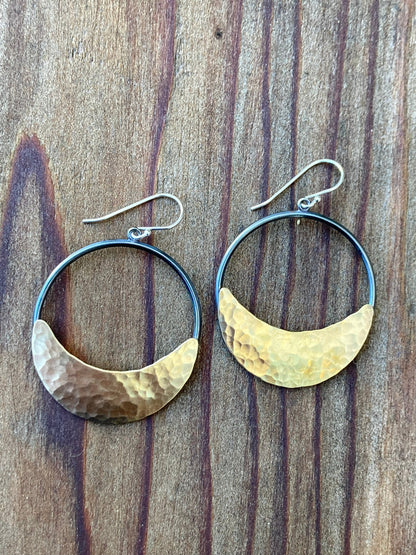 Crescent Moon Hoop Earrings in Oxidized Silver and Brass | Moon Phase Earrings