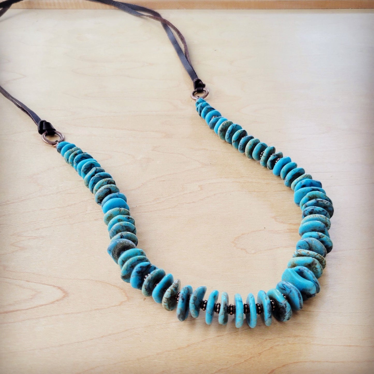 Turquoise Disc Necklace w/ Leather Ties 261x