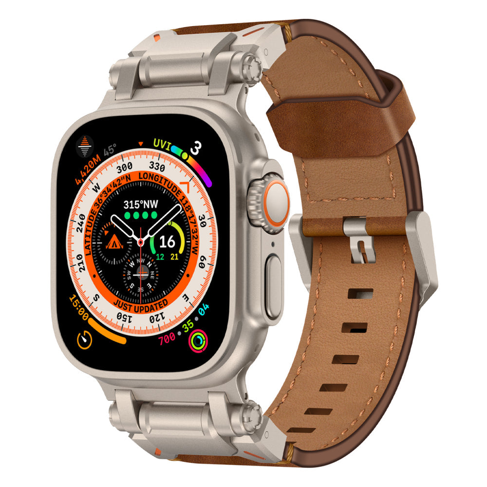 Leather Tactical Band for Apple Watch Ultra – 26mm Wide, Mecha-Style Connectors, Adventure-Ready