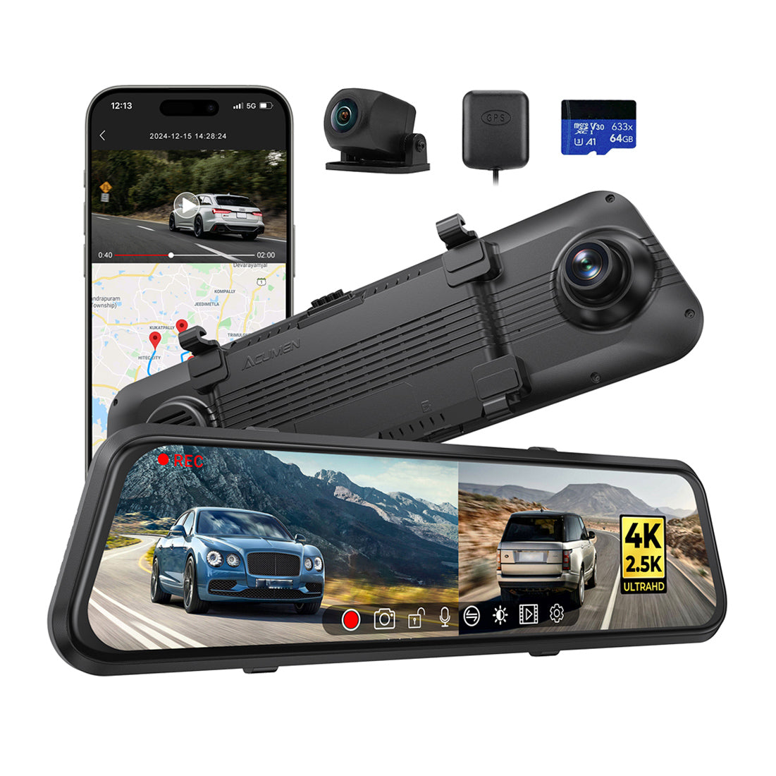 M4 2ch Mirror Dash Cam with 4K Front and 2.5K Rear Cameras, 12"IPS Touchscreen