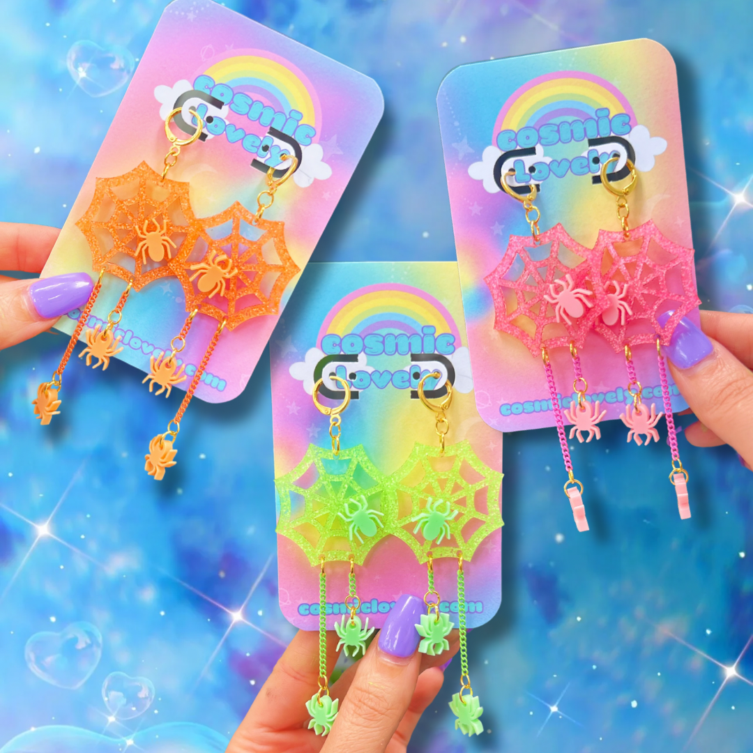 Halloween NEON Spider Web Dangle Earrings