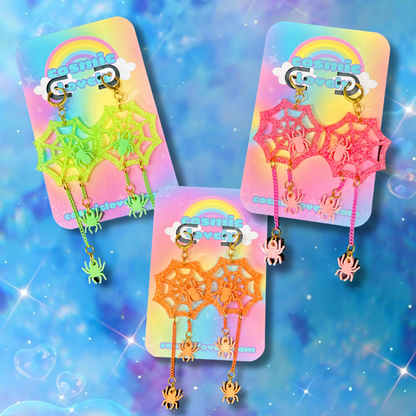 Halloween NEON Spider Web Dangle Earrings