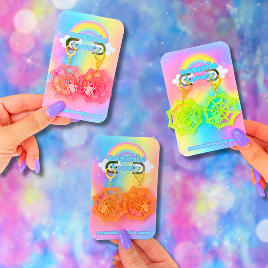 Halloween NEON Spider Web Earrings SMALL