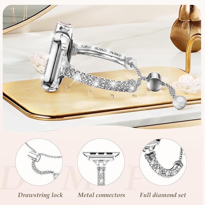 Bling Band Bracelet for Women | Compatible with Apple Watch Series 9/8/7/6/5/4/3/2/1 | Stainless Steel Dressy Metal Strap