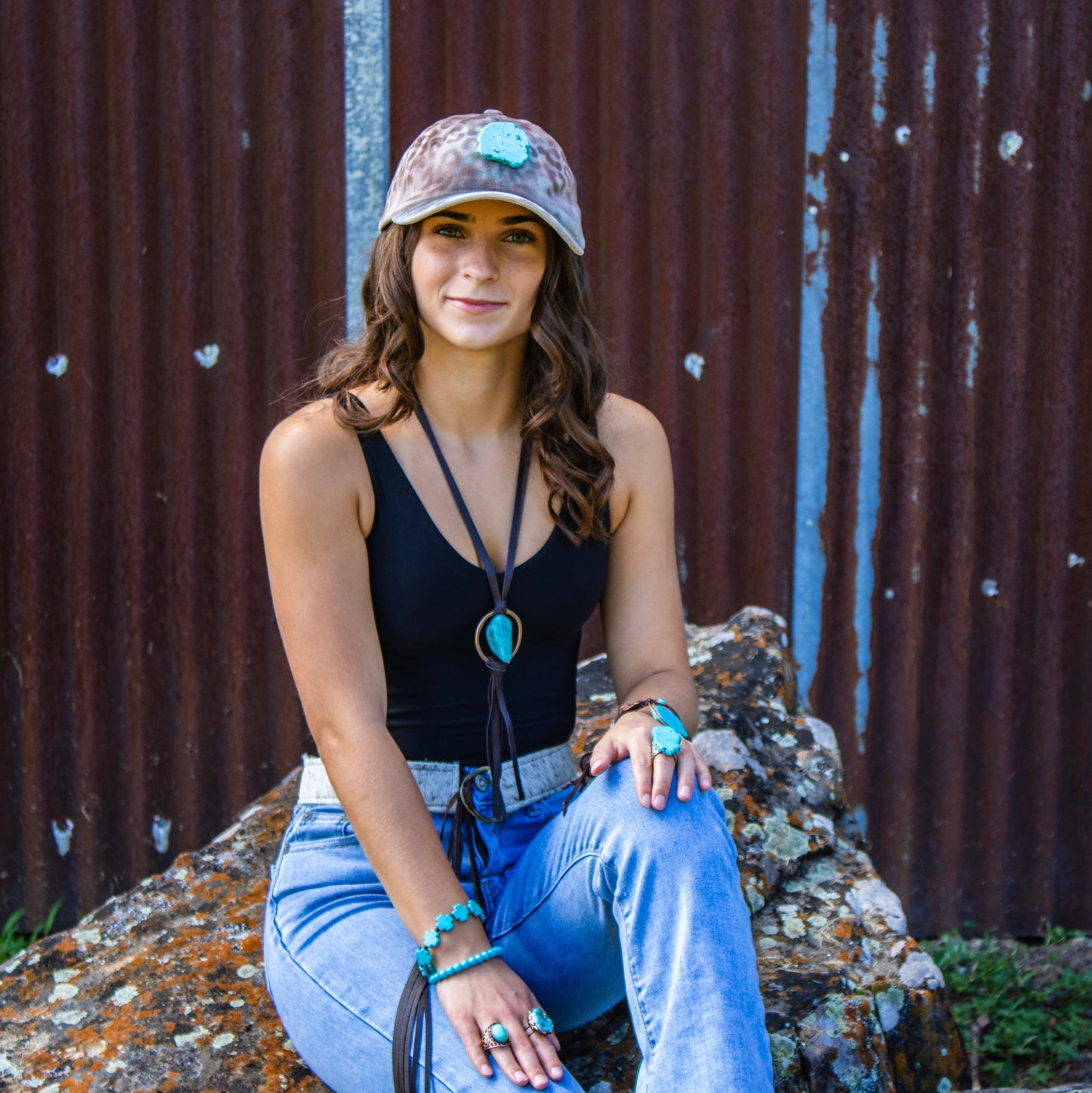 Hand-Painted Leopard Suede Baseball Cap w/ Turquoise-Ivory 986m