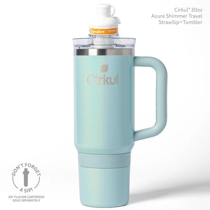 Cirkul 30oz Travel StrawSip Double-Wall Insulated Stainless Steel Tumbler with Handle, Azure Shimmer (Light Teal Sparkle)