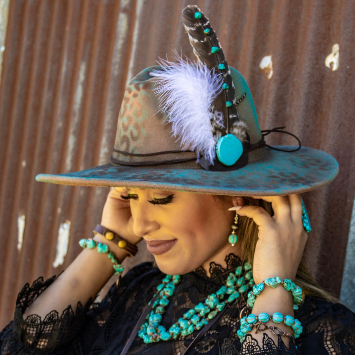 Large Triple Strand Blue Turquoise & Copper Collar Necklace 259d