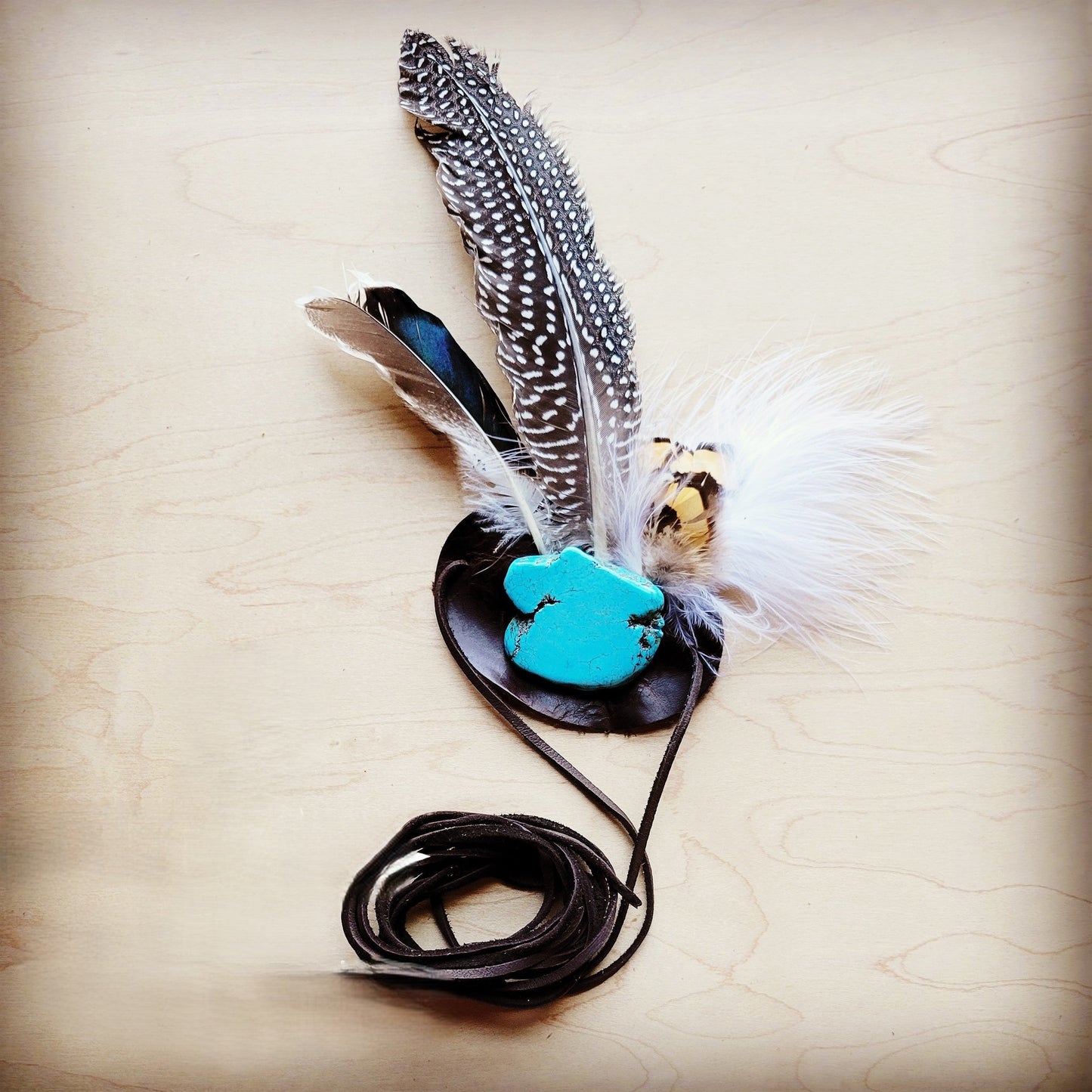 Blue Turquoise, Spotted Feather & Leather Hat Band (Band Only) 980z