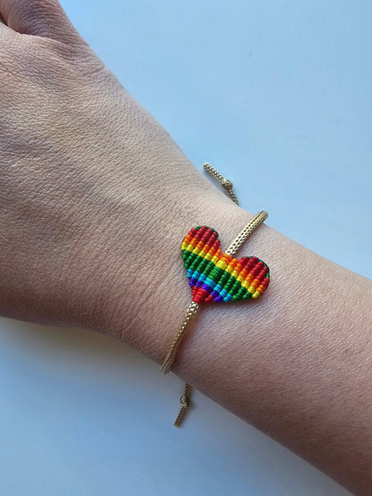 Heart Macrame Adjustable Bracelet - Rainbow Pride