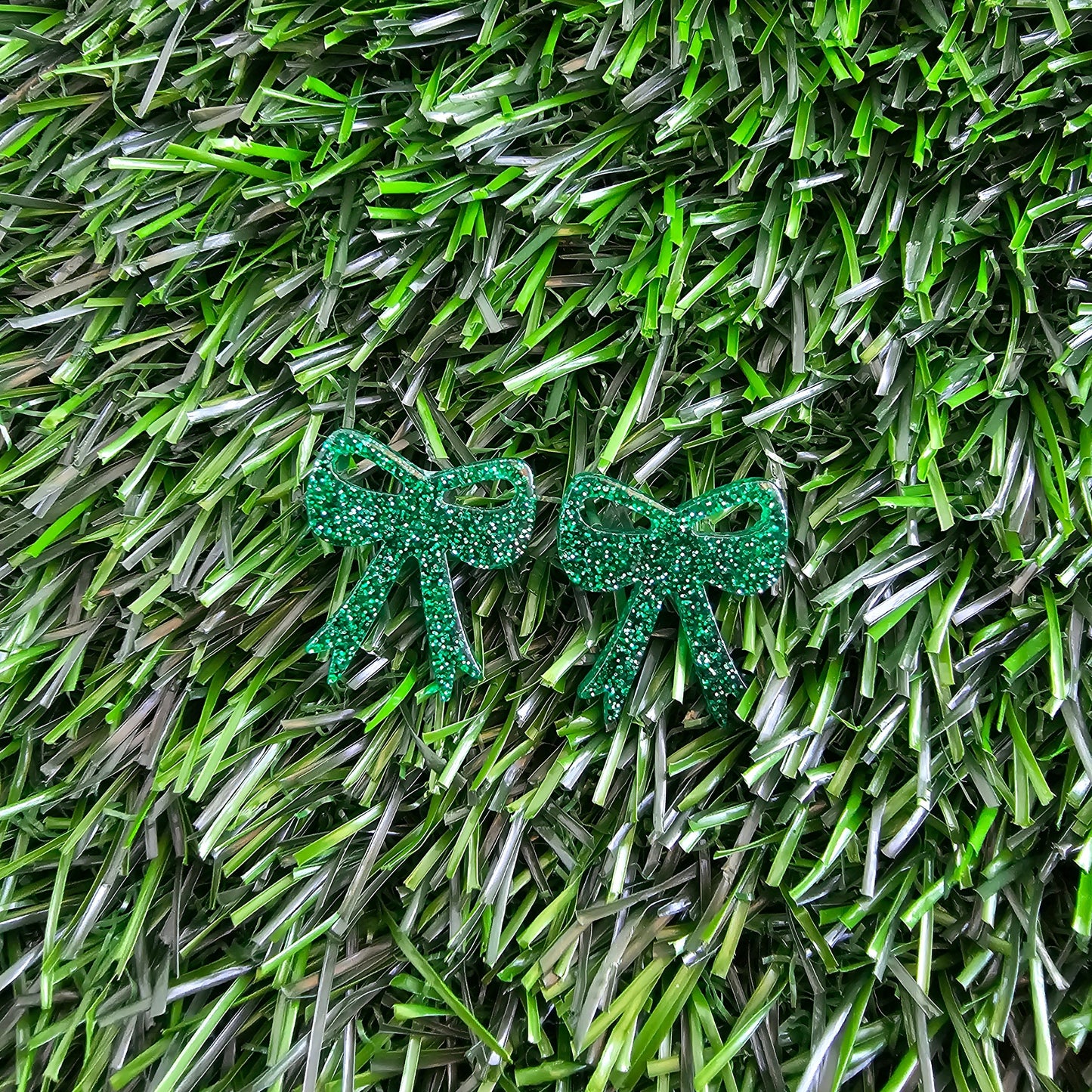 Bow Studs - Green Glitter