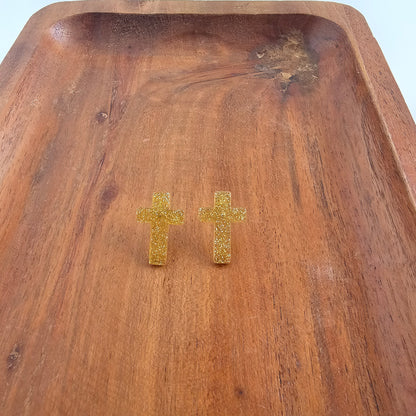 Cross Studs - Gold Glitter