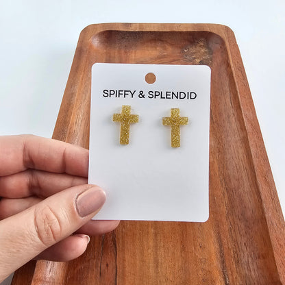 Cross Studs - Gold Glitter