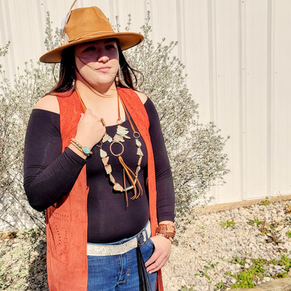 Aqua Terra Necklace w/ Hammered Copper Hoop Long Fringe 225o
