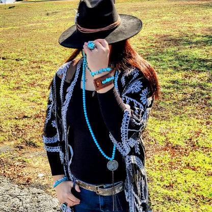 **Long Turquoise Beaded Necklace w/ Indian Pendant 258ka