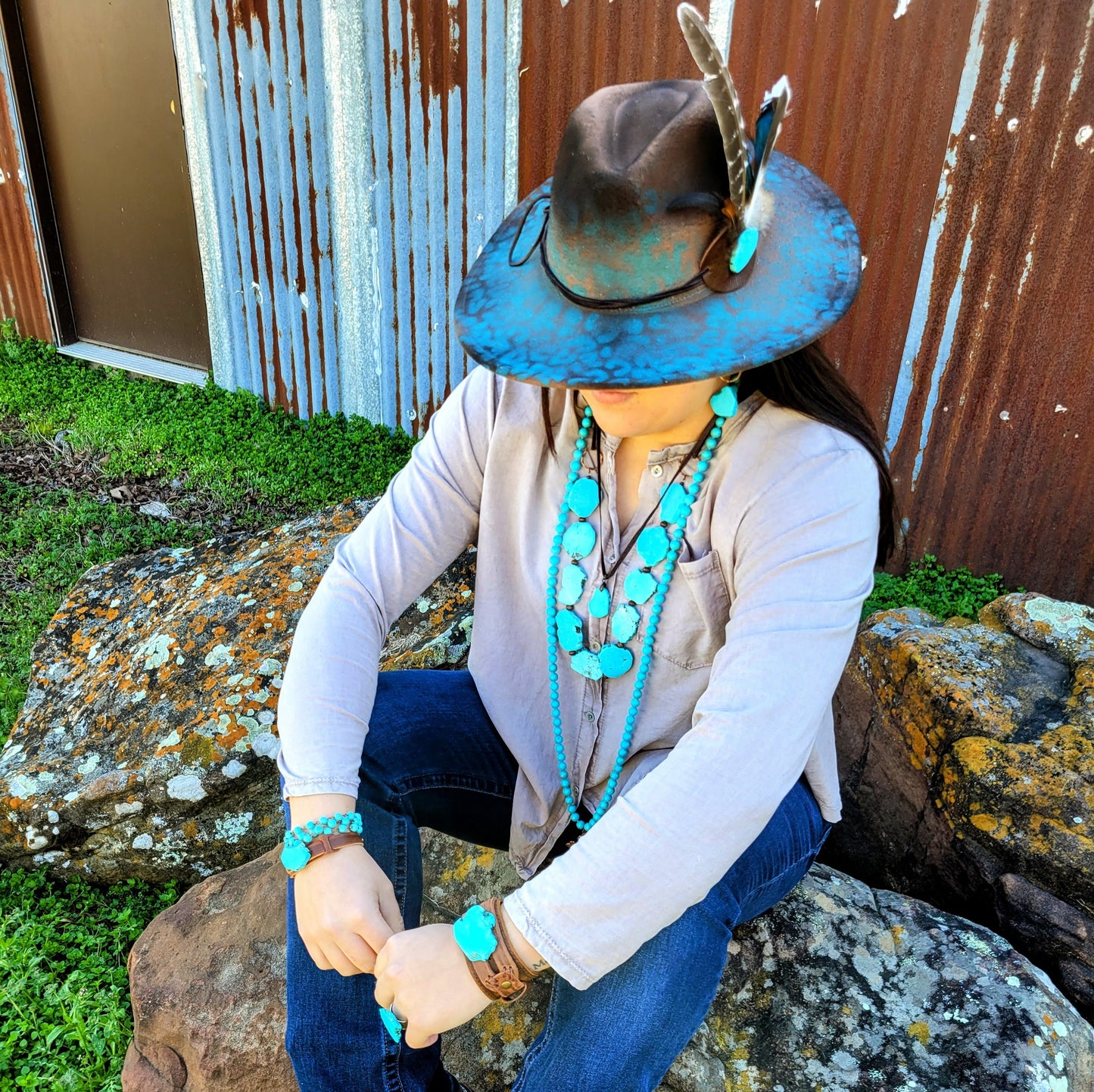 Blue Turquoise Slab on Narrow Leather Cuff 005W