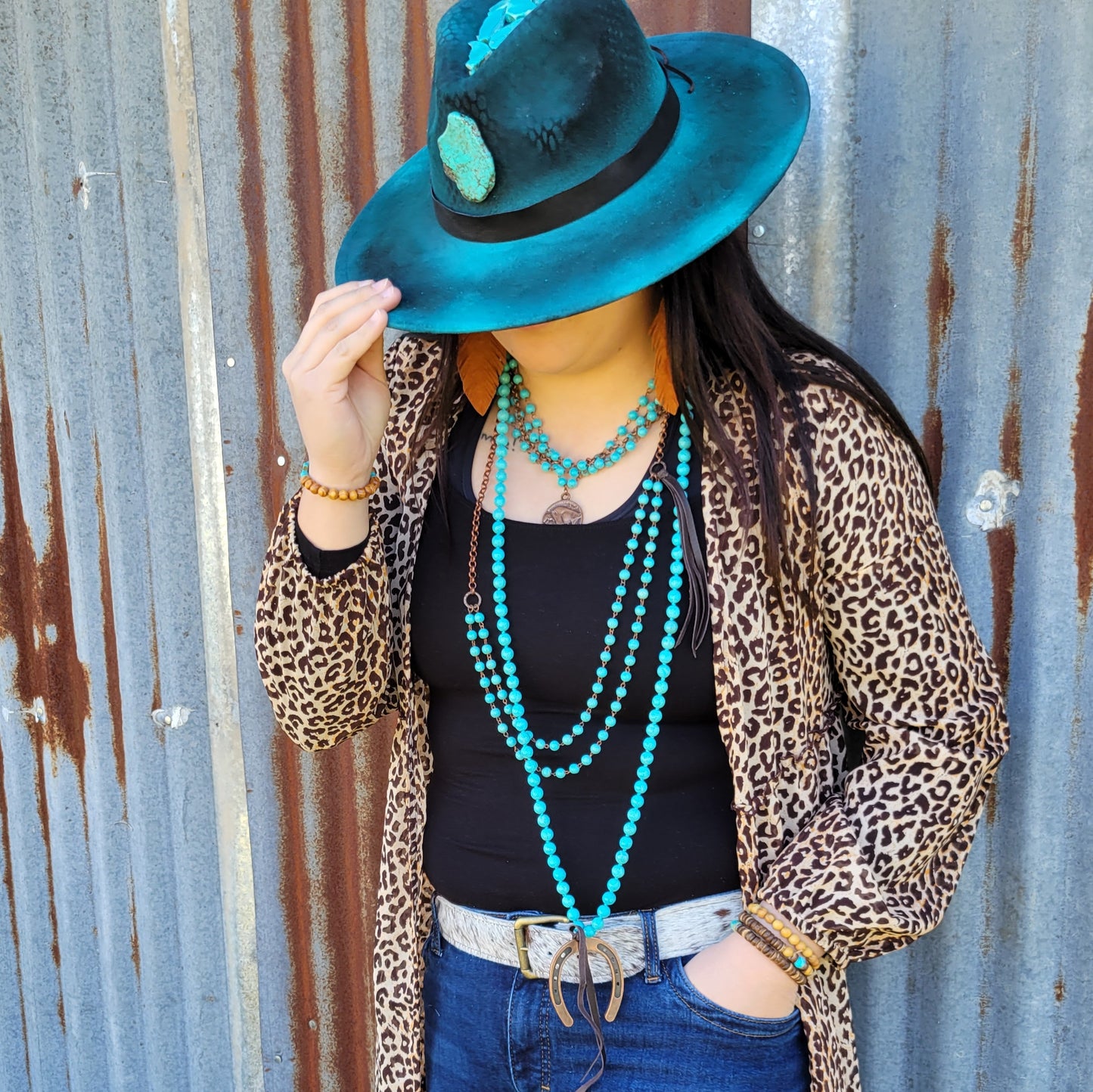 Double Strand Blue Turquoise Beaded Necklace, Leather Tassel 252d