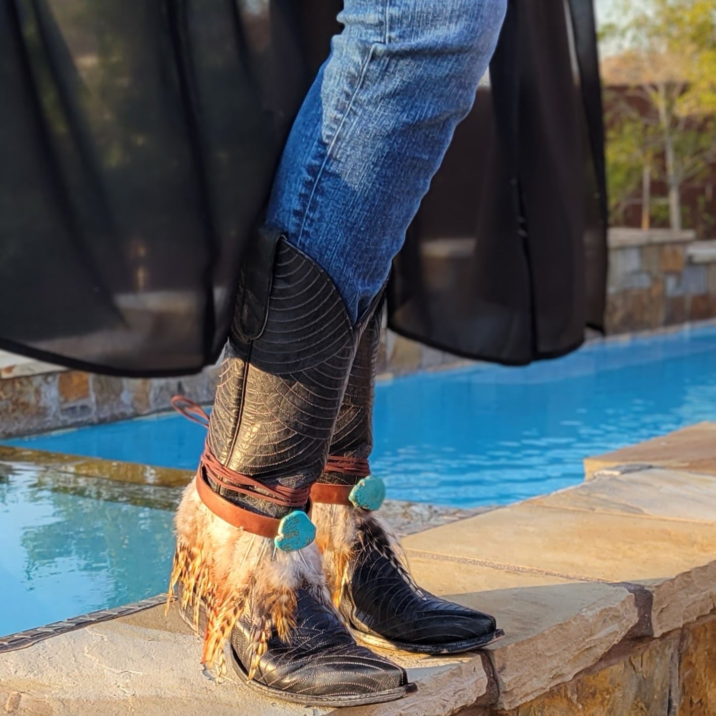 Boho Western Boot Wrap Cuff w/ Feathers & Turquoise 500f