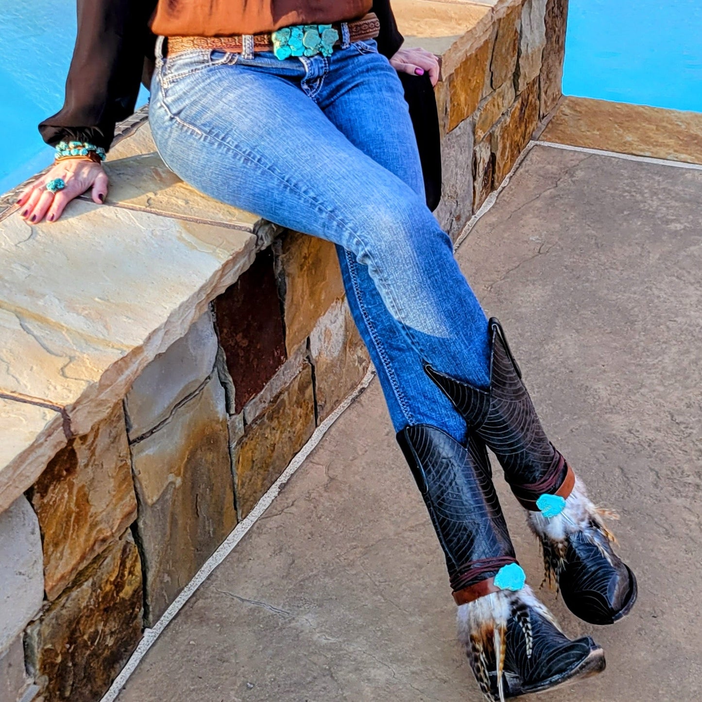 Boho Western Boot Wrap Cuff w/ Feathers & Turquoise 500f