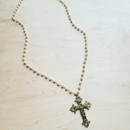 **Pearl Long Beaded Necklace with Antique Gold Cross 255tt