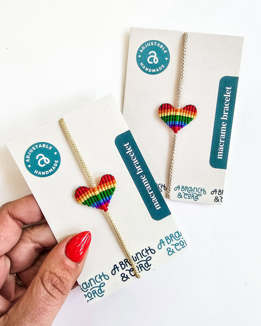 Heart Macrame Adjustable Bracelet - Rainbow Pride