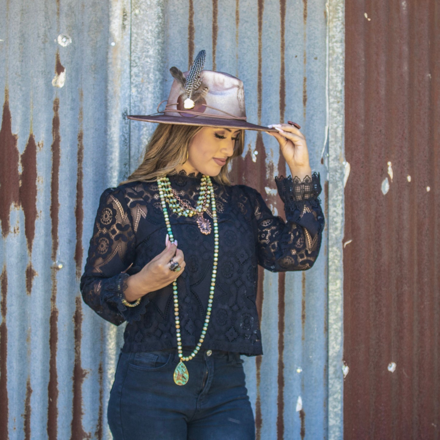 Frosted Amazonite Long Beaded Necklace with Agate Pendant 260o