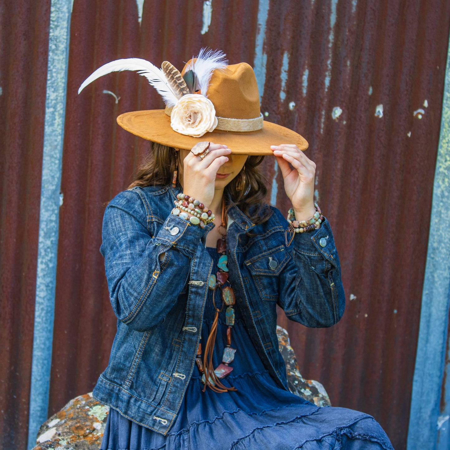 Leather Hat Band w/ Silk Flower & Feathers-Ivory (Band Only) 952s