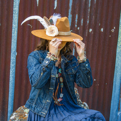 Leather Hat Band w/ Silk Flower & Feathers-Ivory (Band Only) 952s