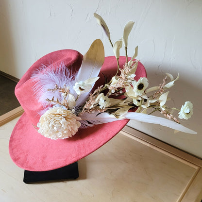 Boho Western Wedding Floral & Feather Bridal Hat in Rust 984i