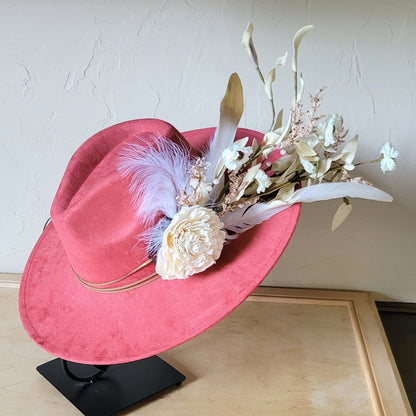 Boho Western Wedding Floral & Feather Bridal Hat in Rust 984i