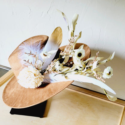 Boho Western Wedding Floral & Feather Bridal Hat in Tan 984k