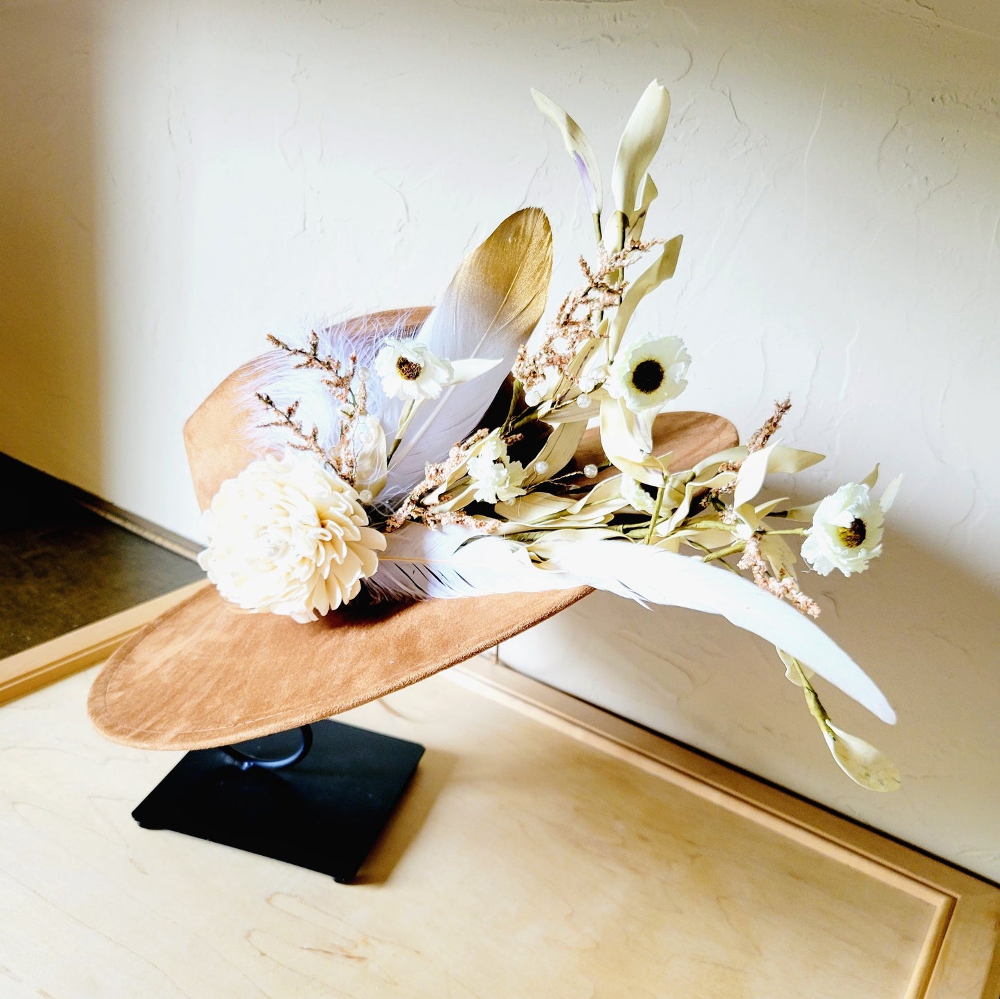 Boho Western Wedding Floral & Feather Bridal Hat in Tan 984k