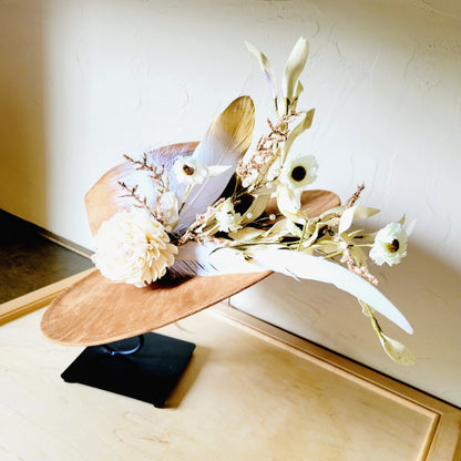 Boho Western Wedding Floral & Feather Bridal Hat in Tan 984k