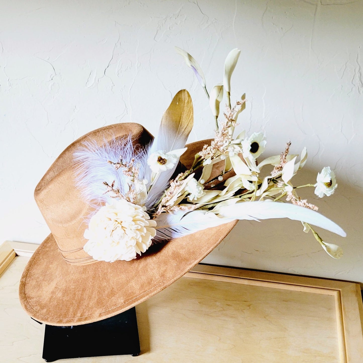 Boho Western Wedding Floral & Feather Bridal Hat in Tan 984k