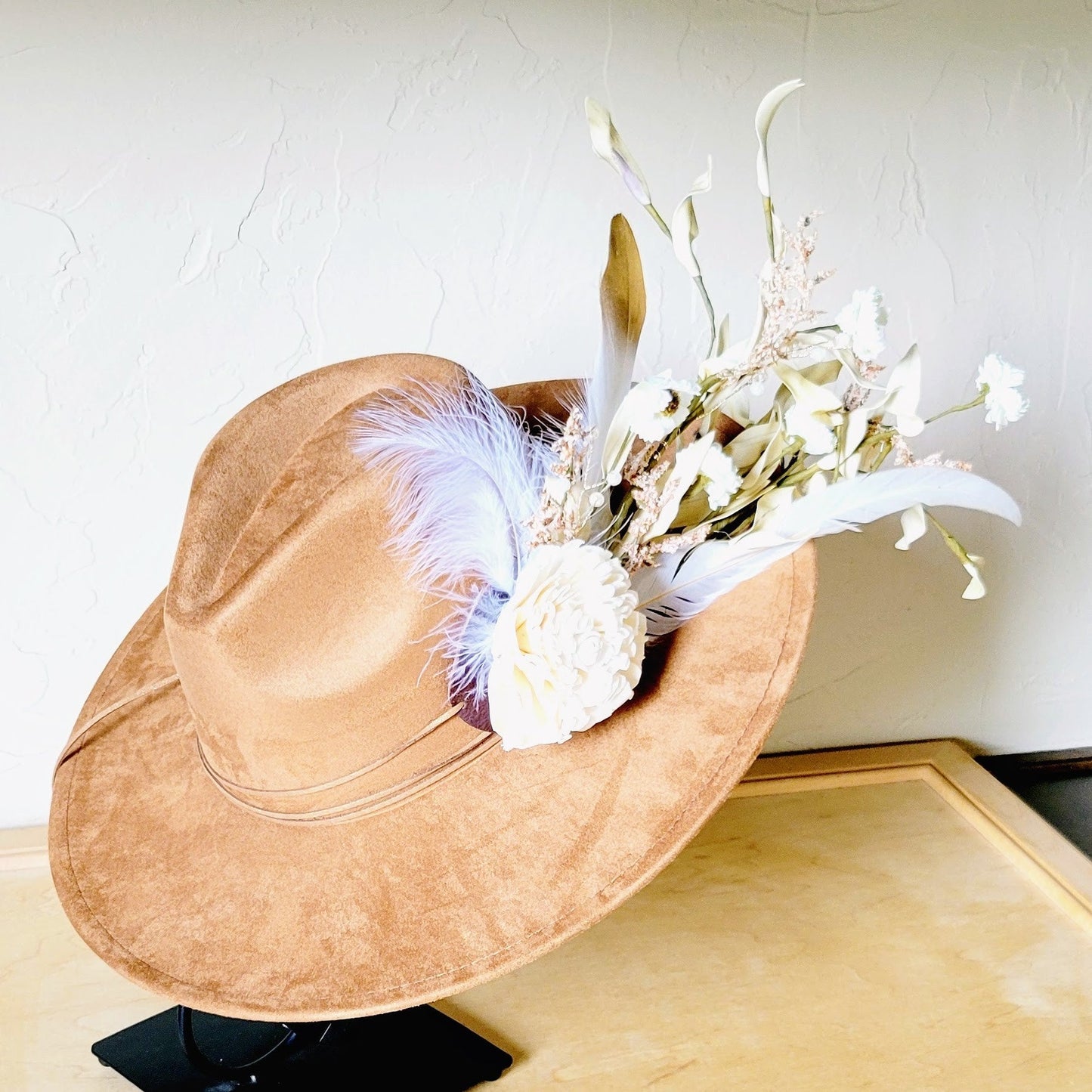 Boho Western Wedding Floral & Feather Bridal Hat in Tan 984k