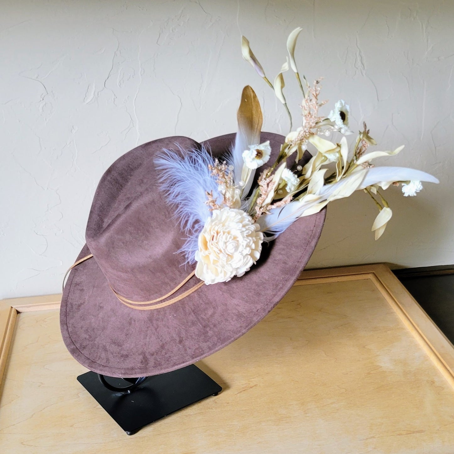 Boho Western Wedding Floral & Feather Bridal Hat in Brown 984m