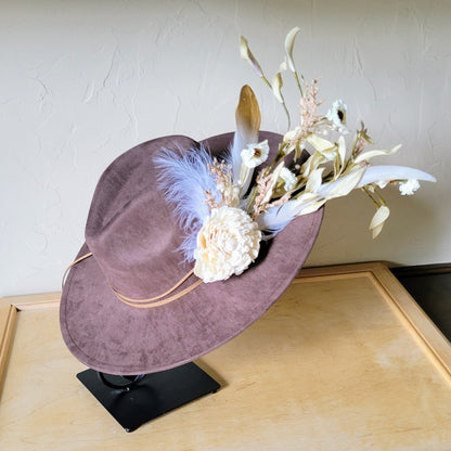 Boho Western Wedding Floral & Feather Bridal Hat in Brown 984m