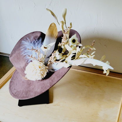 Boho Western Wedding Floral & Feather Bridal Hat in Brown 984m