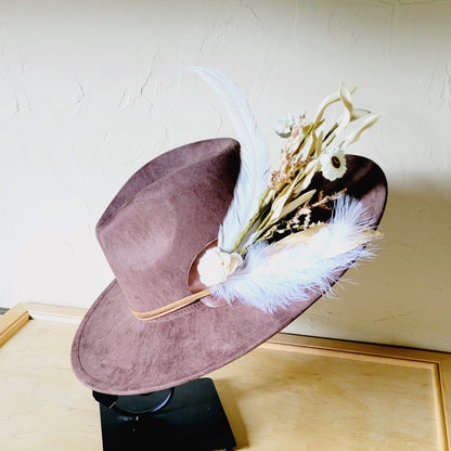 Boho Western Wedding Floral & Feather Bridsmaid Hat in Brown 984n