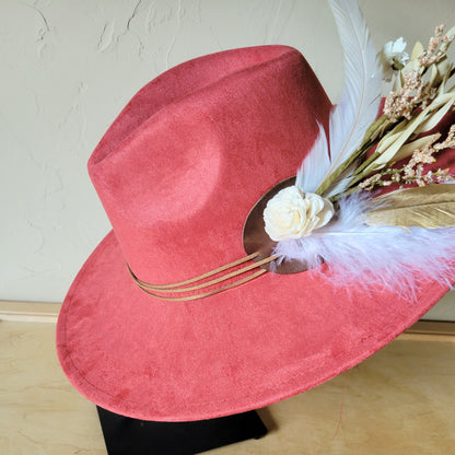 Boho Western Wedding Floral & Feather Bridsmaid Hat in Rust 984q