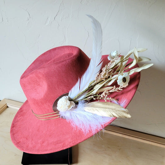 Boho Western Wedding Floral & Feather Bridsmaid Hat in Rust 984q