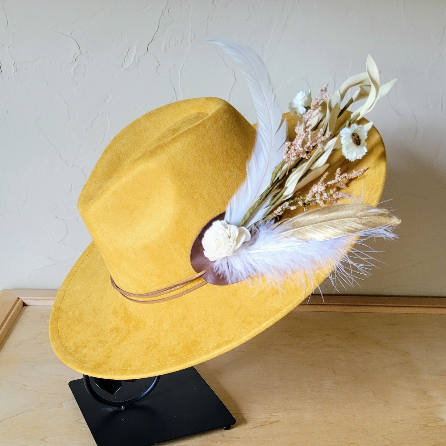 Boho Western Wedding Floral & Feather Bridsmaid Hat in Mustard 984s