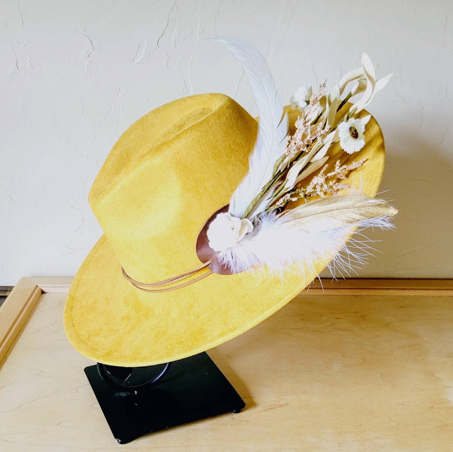 Boho Western Wedding Floral & Feather Bridsmaid Hat in Mustard 984s