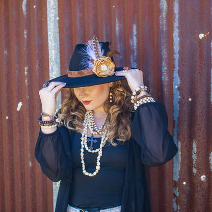 Leather Hat Band w/ Silk Flower & Feathers-Gold (Band Only) 952x