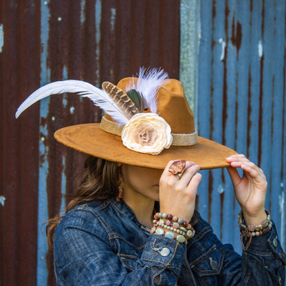 Leather Hat Band w/ Silk Flower & Feathers-Ivory (Band Only) 952s