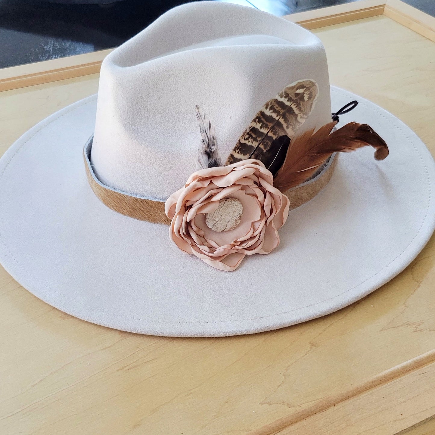 Leather Hat Band w/ Silk Flower & Feathers-Blush (Band Only) 953a