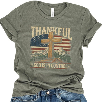 Plus Thankful God is in control Cross & USA Flag