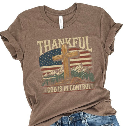 Plus Thankful God is in control Cross & USA Flag