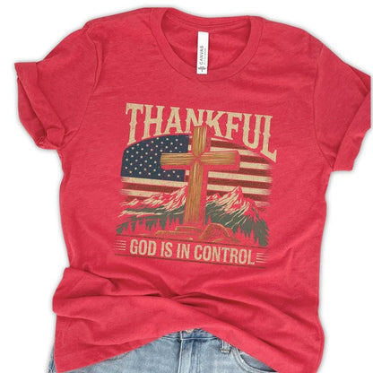 Plus Thankful God is in control Cross & USA Flag