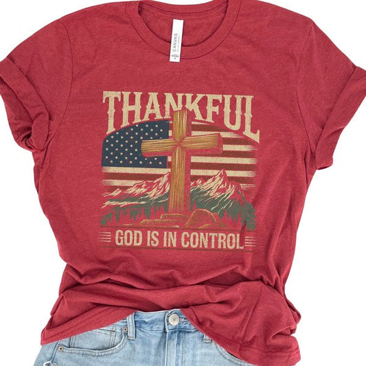 Thankful God is in control Cross & American Flag