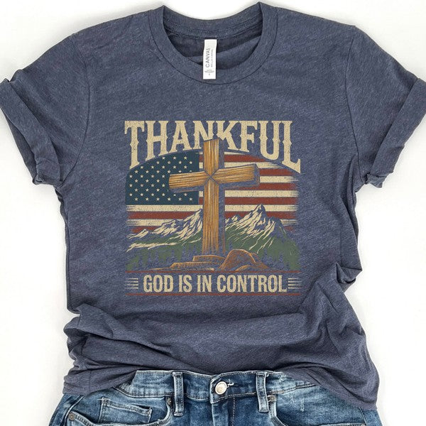 Thankful God is in control Cross & American Flag